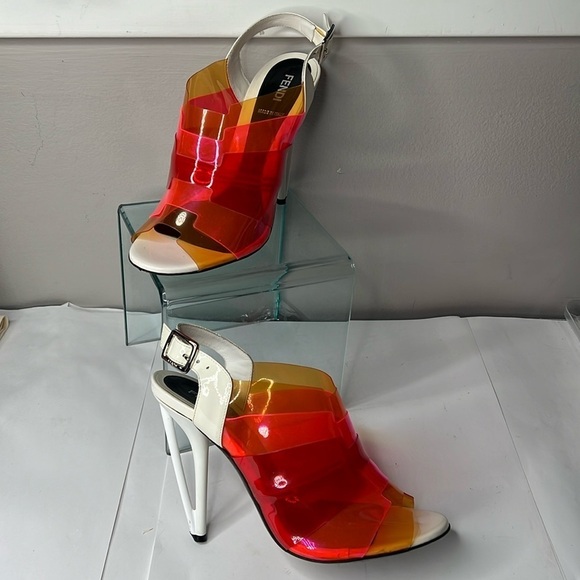 Fendi Sz 38 Multicolor Colorblock PVC Peep Toe Geometric Heels Sandals Shoes - Picture 1 of 11